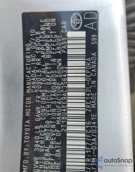 2010 Toyota Corolla Base from USA, damaged, VIN 2T1BU4EE9AC356432